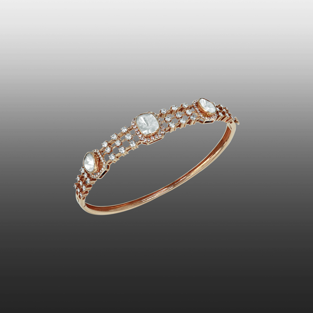 Rose Gold Polki Bangle with Diamond Halos and Lattice Design
